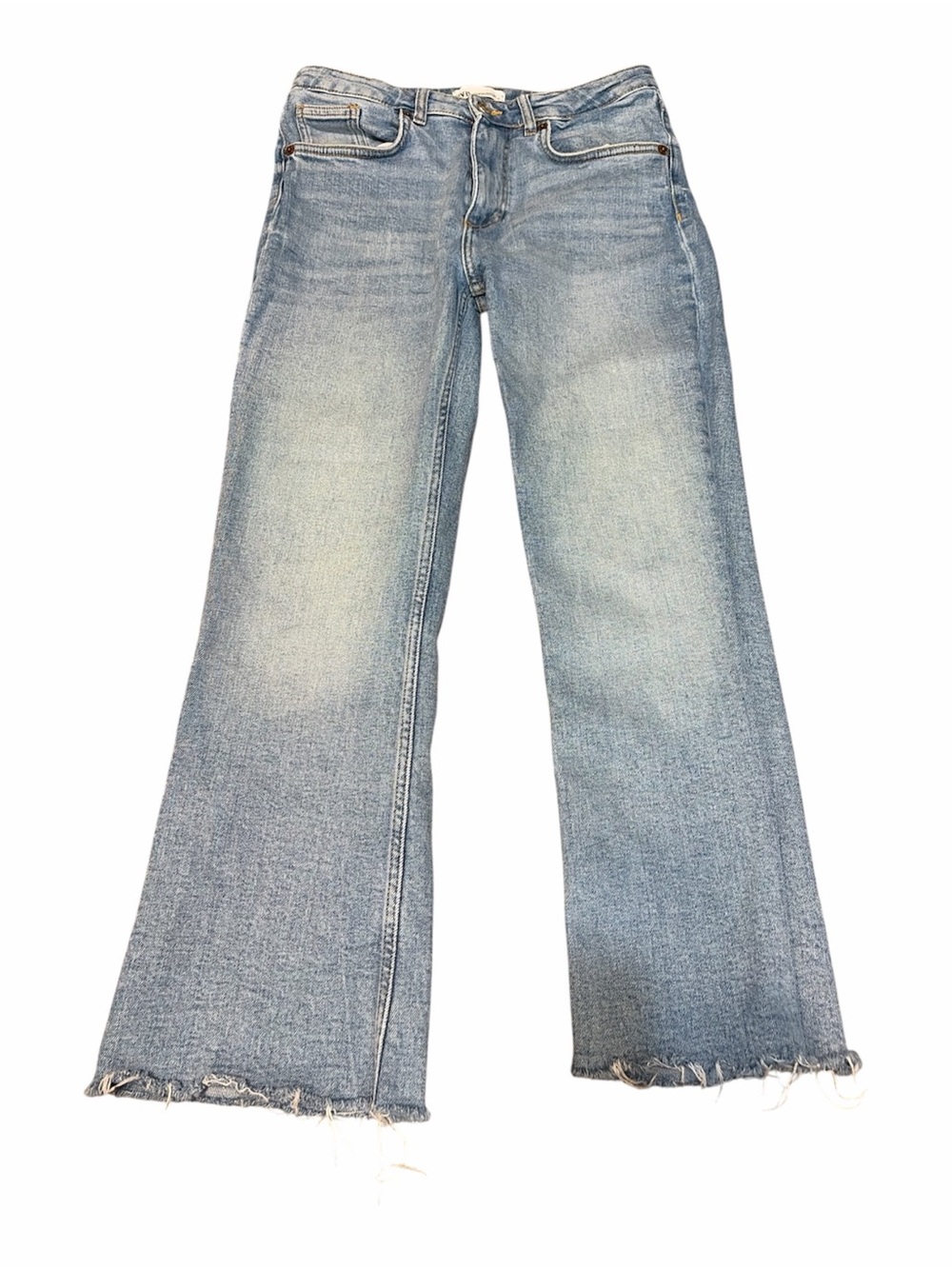 Zara Light Wash Cropped Straight Jeans Raw Hem Size 6